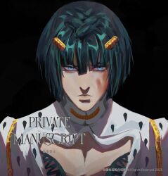 1boy black_background black_hair blue_eyes bob_cut bruno_bucciarati cleavage_cutout clothing_cutout commission hair_ornament hairclip high_collar highres jacket jojo_no_kimyou_na_bouken looking_at_viewer male_focus snakepit_xxx solo_focus upper_body vento_aureo white_jacket zipper