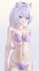 animal_ear_fluff animal_ears arm_behind_back bare_shoulders bikini blue_eyes breasts cat_ears collarbone commentary_request cow gradient_background highres honkai_(series) honkai_impact_3rd kiana_kaslana kiana_kaslana_(herrscher_of_finality) kosaka_kaslana long_hair medium_breasts navel ponytail purple_bikini side-tie_bikini_bottom stomach swimsuit thighs white_hair
