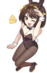 1girl animal_ears arm_at_side black_bow black_bowtie black_leotard black_pantyhose black_shoes bow bowtie breasts brown_hair collar covered_navel detached_collar dot_nose eyelashes fake_animal_ears fake_tail female_focus from_above hand_up high_heels leotard medium_breasts medium_hair meemz_a multicolored_shoes one_eye_closed open_mouth pantyhose playboy_bunny rabbit_ears rabbit_tail shoes simple_background sitting smile solo suzumiya_haruhi suzumiya_haruhi_no_yuuutsu tail two-tone_shoes white_background white_collar wrist_cuffs yellow_eyes yellow_shoes