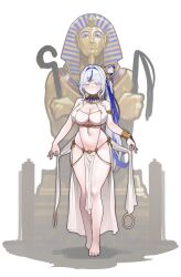 1girl absurdres ancient_egyptian ancient_egyptian_clothes aokumo_rin bare_arms bare_legs bare_shoulders barefoot blue_eyes blue_hair blush bracelet breasts cleavage closed_mouth coffin colored_eyelashes commentary_request embarrassed full_body hair_rings highres jewelry korean_commentary large_breasts long_hair looking_at_viewer multicolored_hair navel no_panties pelvic_curtain revealing_clothes sangobob side_ponytail skirt smile solo standing stellive stomach streaked_hair sweat thighs two-tone_hair uneven_eyes usekh_collar very_long_hair virtual_youtuber white_eyelashes white_hair white_skirt