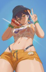 Rule 34 | 1girl, belle (zenless zone zero), blue hair, blue sky, green eyes, naixorth, navel, official alternate costume, orange shorts, see-through clothes, see-through shirt, shirt, shorts, sky, smile, solo, v, zenless zone zero