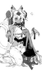 2girls 3: bracelet breasts bug butterfly cat_girl cat_tail collar dark_skin double-parted_bangs double_bun earrings hair_bun highres hime_cut hug insect jewelry jiangshi long_hair looking_at_viewer medium_breasts monochrome multiple_girls nekomata now_drawing ofuda original pantyhose scared school_uniform sitting size_difference slit_pupils tail very_long_hair white_background