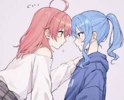 2girls blue_eyes blue_hair blue_hoodie blush closed_mouth commentary eye_contact from_side green_eyes hand_on_another&#039;s_shoulder hololive hood hoodie hoshimachi_suisei long_hair looking_at_another mochi_jiro multiple_girls off-shoulder_shirt off_shoulder pink_hair ponytail pout profile purple_background sakura_miko shirt simple_background sweatdrop symbol-only_commentary translated virtual_youtuber white_shirt yuri