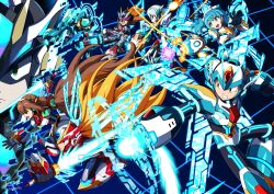 3girls 5boys absurdres arm_cannon axl_(mega_man) blonde_hair blue_eyes blue_hair clenched_teeth dated dive_armor_x_(mega_man) energy_gun energy_sword energy_wings forehead_jewel green_eyes group_picture gun helmet highres holding holding_gun holding_sword holding_weapon ico_(megaman_x_dive) innovator123 iris_(mega_man) long_hair machine_gun mega_man_(series) mega_man_battle_network_(series) mega_man_x_(series) mega_man_x_dive megaman.exe multiple_boys multiple_girls netnavi rico_(mega_man) signature sword teeth trait_connection weapon white_helmet x_(mega_man) z_saber zero_(mega_man)