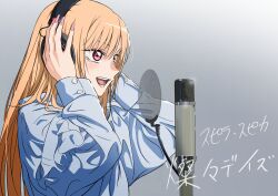 1girl absurdres artist_request blue_background blue_shirt commentary_request fake_nails from_side gradient_background headphones highres jewelry kitagawa_marin long_hair long_sleeves microphone nail_polish official_art open_mouth pink_eyes pink_nails profile shirt solo sono_bisque_doll_wa_koi_wo_suru studio_microphone the_first_take translation_request