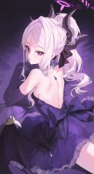 1girl 5higure absurdres alternate_hairstyle backless_dress backless_outfit bare_back bare_shoulders bead_necklace beads black_bow blue_archive bow demon_girl demon_horns demon_wings dress earrings elbow_gloves gloves hair_between_eyes hair_bow highres hina_(blue_archive) hina_(dress)_(blue_archive) horns jewelry long_hair looking_at_viewer necklace official_alternate_costume parted_lips ponytail purple_dress purple_eyes purple_gloves sidelocks single_hair_intake solo strapless strapless_dress white_hair wings