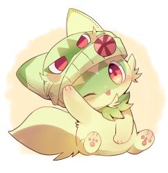Rule 34 | blush, colored skin, commentary request, drawstring, green hat, green skin, hat, head tilt, highres, long sleeves, looking at viewer, nintendo, no humans, one eye closed, paw up, pokemon, pokemon (creature), pokemon focus, red eyes, sitting, sprigatito, white background, yupo 0322