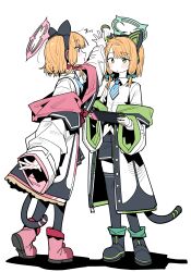 Rule 34 | 2girls, absurdres, animal ear headphones, animal ears, aqua necktie, black boots, black jacket, black shorts, black skirt, black tail, black thighhighs, blonde hair, blue archive, blush, boots, bow, buttons, cat ear headphones, cat ears, cat tail, collared shirt, commentary, dress shirt, fake animal ears, fake tail, frilled jacket, frills, full body, green bow, green eyes, green halo, green jacket, hair bow, halo, handheld game console, headphones, heel up, highres, holding, holding handheld game console, hood, hood down, hooded jacket, jacket, layered sleeves, leaf, long sleeves, low-tied sidelocks, midori (blue archive), momoi (blue archive), multicolored jacket, multiple girls, necktie, off shoulder, open clothes, open hands, open jacket, parted bangs, parted lips, pink boots, pink eyes, pink halo, pink jacket, pleated skirt, profile, red bow, school uniform, shadow, shirt, shoe soles, short hair, short necktie, shorts, siblings, sidelocks, simple background, sisters, skirt, smile, standing, suspender skirt, suspenders, tail, thighhighs, twins, unbuttoned, untucked shirt, white background, white jacket, white shirt, wide sleeves, wujurana