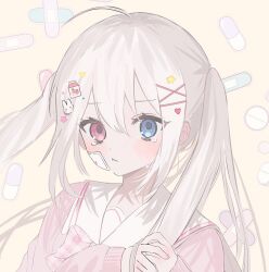 1girl ahoge ascot blue_eyes cardigan commission crossed_bandaids crying gauze gauze_on_cheek hair_ornament hands_up heart heart_hair_ornament heterochromia long_hair long_sleeves mechiru original pill pink_cardigan pink_eyes rabbit_hair_ornament simple_background solo star_(symbol) star_hair_ornament twintails very_long_hair white_ascot white_background white_hair x_hair_ornament