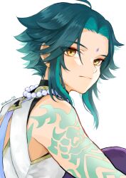 Rule 34 | 1boy, ahoge, arm tattoo, bead necklace, beads, brown eyes, closed mouth, curtained hair, expressionless, facial mark, forehead mark, genshin impact, green hair, highres, jewelry, looking at another, looking back, male focus, necklace, odetooo, simple background, solo, tattoo, white background, xiao (genshin impact)