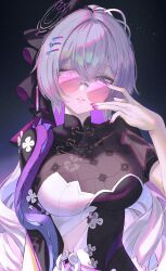 1girl black_shirt breasts bronya_zaychik bronya_zaychik_(heart_of_the_night) bronya_zaychik_(silverwing:_n-ex) china_dress chinese_clothes curly_hair dress glasses grey_eyes grey_hair hair_ornament hairclip high_ponytail highres honkai_(series) honkai_impact_3rd large_breasts long_hair looking_at_viewer multicolored_shirt nail_polish neon_(pixiv_31150749) official_alternate_costume parted_lips ponytail purple_nails purple_shirt shirt solo star_(symbol) star_symbol_background sunglasses teeth tight_clothes upper_body very_long_hair white_shirt
