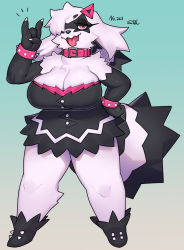 1girl black_dress bracelet breasts cleavage collar creatures_(company) dress full_body furry galarian_form game_freak gen_3_pokemon hair_over_one_eye highres jewelry large_breasts miniskirt nintendo open_mouth pink_eyes pokemon shortstack skirt smile spiked_bracelet spikes suigi tail thick_thighs thighs tongue v white_hair zigzagoon