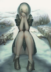 Rule 34 | 1girl, 2b (nier:automata), absurdres, black boots, black dress, black hairband, blue eyes, boots, breasts, cleavage, closed mouth, dress, female focus, full body, hair over one eye, hairband, highres, knees up, leotard, leotard under clothes, looking at viewer, medium breasts, nier:automata, nier (series), one eye covered, puffy short sleeves, puffy sleeves, rain, short hair, short sleeves, sitting, smile, solo, standing, tollrin-senpai, torn blindfold, white leotard