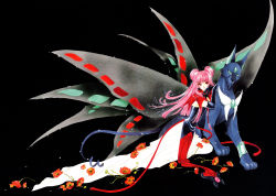 1990s_(style) 1boy absurdres black_background butterfly_wings cardcaptor_sakura clamp highres insect_wings kneehighs leaning_to_the_side official_art retro_artstyle ruby_moon simple_background socks spinel_sun wings