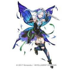 1girl black_thighhighs blue_eyes blue_hair blush breasts bridal_gauntlets bug butterfly butterfly_wings closed_mouth damaged detached_sleeves dress fairy_wings fire_emblem fire_emblem_fates fire_emblem_heroes flora_(fire_emblem) flora_(resplendent)_(fire_emblem) flower gloves hair_flower hair_ornament headdress holding holding_sword holding_weapon insect insect_wings large_breasts long_hair long_sleeves looking_at_viewer maid maid_headdress nima_(niru54) nintendo official_alternate_costume official_art one_eye_closed simple_background solo sword thighhighs torn_clothes twintails weapon white_background wings