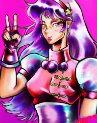 1girl asamiya_athena breasts dress earrings exogreyfox female_focus gloves hairband hand_up highres jewelry large_breasts long_hair looking_at_viewer one_eye_closed purple_eyes purple_hair shiny_clothes star_(symbol) the_king_of_fighters wink