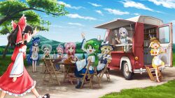 6+girls basket black_hair black_hat blonde_hair blue_hair blue_hat blue_sky bow bread brown_eyes bun_cover chair chanko cloud commentary_request cooking day detached_sleeves double_bun food frilled_bow frills frog_hair_ornament glass_bottle grass green_hair hair_bun hair_ornament hair_tubes hakurei_reimu hat highres holding holding_spatula ibaraki_kasen izayoi_sakuya kirisame_marisa knife_in_head kochiya_sanae konpaku_youmu konpaku_youmu_(ghost) lake long_hair long_sleeves looking_at_another medium_hair mob_cap motor_vehicle mountainous_horizon multiple_girls object_through_head on_chair outdoors pink_hair red_bow red_skirt red_vest ringo_(touhou) saigyouji_yuyuko sandals sitting skirt skirt_set sky slice_of_life smile spatula table touhou tree triangular_headpiece van very_long_hair vest walking waving white_hair white_sleeves witch_hat wooden_chair wooden_table yorigami_shion