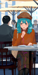 Rule 34 | 1girl, bag, beret, black pantyhose, blue hair, blush, book, braid, breath, brown headwear, cafe, cappuccino, chair, clenched hand, cup, day, discreet vibrator, green eyes, half-closed eyes, hand up, hat, heavy breathing, highres, holding, legs together, long skirt, long sleeves, looking to the side, medium hair, multicolored skirt, multiple boys, on chair, open book, open mouth, orange sweater, original, outdoors, pantyhose, plaid clothes, plaid skirt, public indecency, public vibrator, remote control vibrator, saucer, sex toy, shoulder bag, sidelocks, sitting, skirt, solo focus, some1else45, spoon, sweat, sweater, table, teacup, twin braids, vibrator, vibrator cord, vibrator under clothes