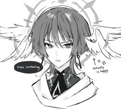 1boy blunt_ends cosplay cropped_torso disgust dragonagia643 earrings eyeliner eyeshadow feathered_wings genshin_impact hair_between_eyes head_wings highres honkai:_star_rail honkai_(series) jewelry looking_at_viewer makeup male_focus monochrome multiple_wings red_eyeliner red_eyeshadow scaramouche_(genshin_impact) solo sunday_(honkai:_star_rail) sunday_(honkai:_star_rail)_(cosplay) tsundere wanderer_(genshin_impact) wing_flapping wings