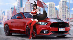 1girl absurdres animal_ear_fluff animal_ears bare_shoulders belt black_hair black_shorts blue_eyes boots breasts building car city cleavage cleavage_cutout closed_mouth clothing_cutout collared_shirt commentary commission crop_top elbow_gloves expressionless fingerless_gloves ford ford_mustang ford_mustang_s550 fox_ears fox_girl fox_tail gloves heart_cutout high-waist_shorts highres holding holding_umbrella kcar66t large_breasts location_request long_hair looking_at_viewer midriff motor_vehicle original outdoors race_queen red_boots red_shirt red_thighhighs shirt shorts sitting skindentation skyscraper sleeveless sleeveless_shirt solo sports_car tail thigh_boots thighhighs umbrella white_gloves wide_shot zipper