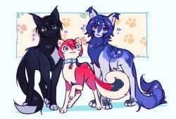 Rule 34 | 1boy, 2girls, amate yuzuriha, animification, black cat, blue cat, cat, collar, commentary, crossover, emphasis lines, english commentary, gundam, gundam gquuuuuux, highres, looking at viewer, multiple girls, nyaan (gundam gquuuuuux), red cat, red eyes, shuji ito, tanukimo imo, warrior cats, yellow eyes