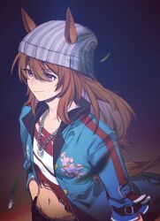 1girl animal_ears beanie blue_jacket brown_hair chu_andwen dice dice_necklace ears_through_headwear floral_print from_side grey_hat hair_between_eyes hat highres horse_ears horse_girl horse_tail jacket long_hair long_sleeves looking_ahead midriff nakayama_festa_(umamusume) necklace purple_eyes red_shirt shirt smile solo striped_clothes striped_shirt tail torn_clothes torn_shirt umamusume upper_body