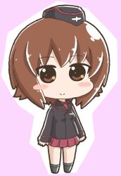 Rule 34 | black footwear, black jacket, blush, brown eyes, brown hair, chibi, chibi only, cross, garrison cap, girls und panzer, hair between eyes, hat, highres, jacket, kuromorimine military uniform, miniskirt, nishizumi maho, red shirt, red skirt, shirt, skirt, smile, toujou fumimaro