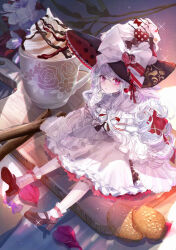1girl black_shoes bow bowtie chocolate_syrup commentary_request cookie cup dress flower food frilled_dress frilled_socks frills full_body hat hat_bow hat_ornament heart heart_hat_ornament high_heels highres hot_chocolate komorihikki lace-trimmed_collar lace_trim long_hair long_sleeves looking_at_viewer mary_janes mini_person minigirl mug multiple_hat_bows original outstretched_legs pantyhose parted_lips petals print_hat red_eyes red_flower shoes sitting socks socks_over_pantyhose solo strawberry_syrup very_long_hair whipped_cream white_bow white_bowtie white_dress white_flower white_hair white_pantyhose wooden_tray