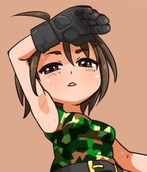 Rule 34 | 1girl, armpits, belt, breasts, brown eyes, brown hair, camouflage, camouflage tank top, gloves, highres, justice gakuen, kazama akira, looking at viewer, open mouth, short hair, simple background, solo, sweat, tank top, yuuya (blue scarab)
