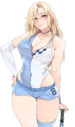 1girl blonde_hair blue_choker blue_eyes blue_shorts breasts choker cleavage closed_mouth closed_umbrella commentary_request detached_sleeves hair_between_eyes hand_on_own_hip highres holding holding_umbrella hornet_(kancolle) jewelry kantai_collection large_breasts leotard leotard_under_clothes long_hair looking_at_viewer necklace race_queen short_shorts shorts simple_background single_detached_sleeve single_thighhigh solo thighhighs umbrella white_background wristband zekkyon