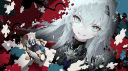 Rule 34 | 1girl, absurdres, animal ears, arknights, black footwear, black jacket, black necktie, black shirt, black skirt, blue eyes, chair, collared shirt, commentary, crossed bangs, eyelashes, fang, full body, grey hair, grey socks, hair between eyes, hair ornament, hairclip, high-waist skirt, highres, jacket, jigsaw puzzle, jiusan naitang, kneehighs, lappland (arknights), lappland the decadenza (arknights), light particles, long hair, long sleeves, looking at viewer, miniskirt, multiple views, necktie, on chair, open clothes, open jacket, open mouth, puzzle, puzzle piece, red background, shirt, shoes, sitting, skirt, smile, socks, tail, teeth, turtleneck, turtleneck shirt, upper body, upper teeth only, very long hair, white shirt, wolf ears, wolf girl, wolf tail