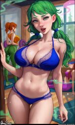aroma_sensei bikini bra breasts caroline_(stardew_valley) curvy green_eyes green_hair gym highres lace lace-trimmed_bra lace-trimmed_panties lace_trim large_breasts mature_female panties stardew_valley sweatdrop swimsuit thick_thighs thighs underwear