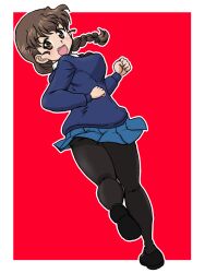 Rule 34 | 1girl, black necktie, black pantyhose, black ribbon, black shoes, blue skirt, blue sweater, blush, braid, breasts, brown eyes, brown hair, clenched hands, collared shirt, from behind, from side, girls und panzer, hair ornament, hair ribbon, hairpin, large breasts, long braid, long hair, miniskirt, necktie, open mouth, pantyhose, pleated skirt, red background, ribbon, rukuriri (girls und panzer), running, school uniform, shirt, shoes, simple background, single braid, skirt, smile, st. gloriana&#039;s school uniform, sweater, takahashi kurage, white shirt, wind, wind lift