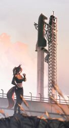 Rule 34 | absurdres, animal ears, black pants, boots, brown hair, cadpat, callisto (greyeth), choker, cloud, combat boots, commission, crop top, drink, fox ears, fox girl, fox tail, gloves, highres, multicolored hair, nyxview, original, pants, reeds, spacex starship, streaked hair, tail
