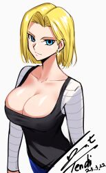1girl absurdres android_18 blonde_hair blue_eyes blush breasts cleavage collarbone covered_erect_nipples dated denim denim_skirt dragon_ball dragonball_z earrings highres jewelry large_breasts looking_at_viewer shirt short_hair signature simple_background skirt solo striped_sleeves upper_body white_background yoo_tenchi