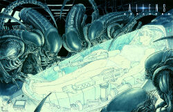 1girl alien alien_(series) artist_name atomcyber closed_eyes commentary copyright_name english_commentary exoskeleton glass gun highres no_eyes science_fiction sharp_tail short_hair sleeping tail teeth weapon xenomorph