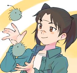 1girl absurdres amasawa_yuuko black_hair blue_jacket closed_mouth creature dennou_coil gan2 highres jacket long_sleeves mojo_(dennou_coil) open_clothes open_jacket orange_eyes safety_glasses shirt short_hair smile twintails white_shirt