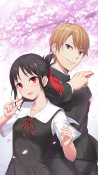 1boy 1girl :d black_hair black_jacket black_pants black_skirt black_vest blouse branch breasts brown_hair closed_mouth collarbone commentary_request flower folded_ponytail gakuran hair_ribbon highres holding holding_mahjong_tile jacket kaguya-sama_wa_kokurasetai_~tensai-tachi_no_renai_zunousen~ kamome_yuu mahjong mahjong_soul mahjong_tile neck_ribbon open_mouth pants purple_eyes red_eyes red_ribbon ribbon school_uniform shinomiya_kaguya shirogane_miyuki shirt short_sleeves shuuchiin_academy_school_uniform skirt small_breasts smile vest white_flower white_shirt