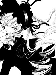 1girl bonnet bow bowtie brooch capelet closed_mouth commentary_request drill_hair drill_sidelocks expressionless eyelashes flower_brooch greyscale high_contrast kiru_(m_putorius) lace-trimmed_capelet lace_trim lolita_fashion long_hair long_sleeves looking_at_viewer looking_to_the_side monochrome rozen_maiden shinku sidelocks simple_background solo twintails upper_body very_long_hair