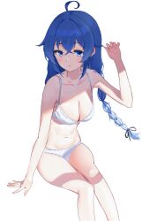 1girl :o absurdres ahoge alternate_breast_size arm_support blue_eyes blue_hair blush bra braid breasts cleavage collarbone crossed_bangs feet_out_of_frame hair_between_eyes hand_up highres invisible_chair kuonxv long_braid long_hair medium_breasts mushoku_tensei navel panties roxy_migurdia simple_background sitting solo twin_braids underwear underwear_only white_background white_bra white_panties