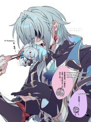 2boys 2girls absurdres anaxa_(honkai:_star_rail) aqua_hair black_gloves castorice_(honkai:_star_rail) chain chibi chinese_commentary chopsticks commentary_request earrings eyepatch gem gloves highres holding holding_chopsticks honkai:_star_rail honkai_(series) hyacine_(honkai:_star_rail) imminent_vore jewelry medium_hair mini_person miniboy multiple_boys multiple_girls multiple_rings one_eye_covered open_mouth partially_fingerless_gloves phainon_(honkai:_star_rail) pink_hair purple_hair red_gemstone ring rongyuan_gulu single_earring single_glove speech_bubble teeth translation_request twitter_username white_background