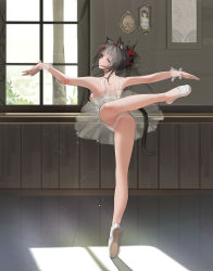 1girl alternate_costume animal_ears arknights ass ballerina ballet ballet_slippers bare_legs bare_shoulders barre black_hair breasts brown_eyes cat_ears cat_girl cat_tail commentary da_(datako) dancing day dress en_pointe english_commentary from_behind full_body highres indoors large_breasts leotard long_hair looking_at_viewer looking_back outstretched_arms panties parted_lips reflective_floor schwarz_(arknights) see-through_clothes sideboob sleeveless sleeveless_dress solo sunlight tail tiptoes tutu underwear upskirt white_dress white_footwear white_panties window wrist_cuffs
