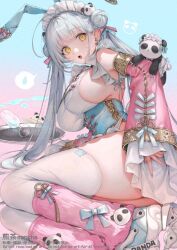 1girl :o animal_ears ass breasts commentary fake_animal_ears glass headdress large_breasts leg_warmers lying on_side open_mouth original pink_leg_warmers rabbit_ears sencha_(senchat) sideboob solo speech_bubble spill thighhighs thighs white_hair white_thighhighs yellow_eyes