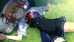 1girl apple asymmetrical_legwear bitten_apple black_dress black_thighhighs blue_bow blue_dress blush bow bowtie breasts brown_hair buttons cat closed_eyes collared_shirt cowboy_shot day double-breasted dress food food_bite fruit fumio_(ura_fmo) game_cg grisaia_(series) grisaia_no_kajitsu hair_bow highres irisu_makina lying lying_on_animal mismatched_legwear non-web_source on_back on_grass open_mouth outdoors plaid_bow plaid_bowtie plaid_clothes red_bow red_bowtie sailor_collar school_uniform shirt short_sleeves short_twintails sleeping small_breasts solo thighhighs twintails two-tone_dress white_cat white_sailor_collar white_shirt yellow_thighhighs
