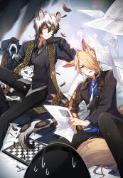 Rule 34 | 1other, 2boys, ?, ambiguous gender, animal, animal ear fluff, animal ears, animal on lap, arknights, bed sheet, bishop (chess), black gloves, black hat, black hood, black jacket, black necktie, black pants, black vest, blonde hair, blue shirt, board game, chess, chess piece, chessboard, doctor (arknights), feet out of frame, gloves, grey eyes, grey shirt, hair over one eye, hat, holding, holding newspaper, hood, hood up, horse boy, horse ears, horse tail, jacket, king (chess), knight (chess), leopard boy, leopard ears, ling yumo, looking at viewer, male focus, mlynar (arknights), multiple boys, necktie, newspaper, on bed, on lap, one eye covered, orange eyes, pants, pawn (chess), pillow, rectangular mouth, rook (chess), shirt, silverash (arknights), sitting, snow leopard, snow leopard boy, snow leopard ears, snow leopard tail, star (symbol), sweat, sweatdrop, tail, unworn hat, unworn headwear, v-shaped eyebrows, vest, white hair, white necktie