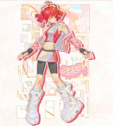 absurdres ahoge anndes890 bare_shoulders bike_shorts_under_skirt black_gloves black_shorts blush boots character_name closed_mouth drill_hair fingerless_gloves full_body gloves hair_between_eyes highres jacket jacket_partially_removed kasane_teto knee_boots kneehighs looking_at_viewer midriff miniskirt navel pink_jacket red_eyes red_hair red_nails red_shirt red_skirt shirt shorts skirt skirt_set socks twin_drills utau white_background white_boots white_shirt