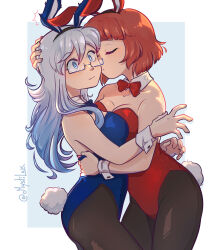 2girls absurdres animal_ear_hairband animal_ears black_pantyhose blue_bow blue_bowtie blue_eyes blue_hair blue_leotard bow bowtie closed_eyes commentary cowboy_shot detached_collar english_commentary fake_animal_ears glasses gradient_hair grey_hair hairband highres kiss leotard multicolored_hair multiple_girls mystilux original pantyhose playboy_bunny rabbit_ears rabbit_tail red_bow red_bowtie red_hair red_leotard second-party_source short_hair strapless strapless_leotard tail wrist_cuffs yuri