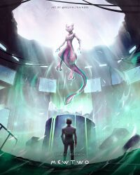 1boy arm_at_side black_hair character_name closed_mouth commentary copyright_name energy english_text from_below frown gen_1_pokemon giovanni_(pokemon) glowing glowing_eyes hand_in_pocket highres jacket kelvin-trainerk legendary_pokemon long_sleeves male_focus mewtwo nintendo pants pokemon pokemon:_the_first_movie_-_mewtwo_strikes_back pokemon_(anime) pokemon_(classic_anime) short_hair standing twitter_username watermark wet