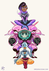 1boy 2girls aaron_diaz asymmetrical_hair black_hair brown_hair chibi clothed_robot commentary d.va_(gremlin) d.va_(overwatch) dark-skinned_female dark_skin eyeliner eyeshadow full_body gradient_hair highres humanoid_robot indian_style long_hair lotus_position makeup mecha meka_(overwatch) mole mole_under_eye multicolored_hair multiple_girls omnic overwatch overwatch_1 purple_eyes purple_hair robot sitting sombra_(overwatch) undercut v zenyatta_(overwatch)