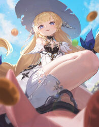 1girl animal_ears blonde_hair blue_bow blue_eyes blue_ribbon blue_sky bow bread butterfly_hair_ornament cloud cross-shaped_pupils day ddcc0123 detached_sleeves dress duet_night_abyss filbert_(duet_night_abyss) flat_chest food from_below hair_ornament hair_ribbon hat highres long_hair long_sleeves looking_at_viewer open_mouth outdoors pig ribbon riding sidesaddle sky sleeveless socks sun_hat symbol-shaped_pupils torn_clothes torn_hat truffle_(duet_night_abyss) white_dress white_hat white_sleeves white_socks